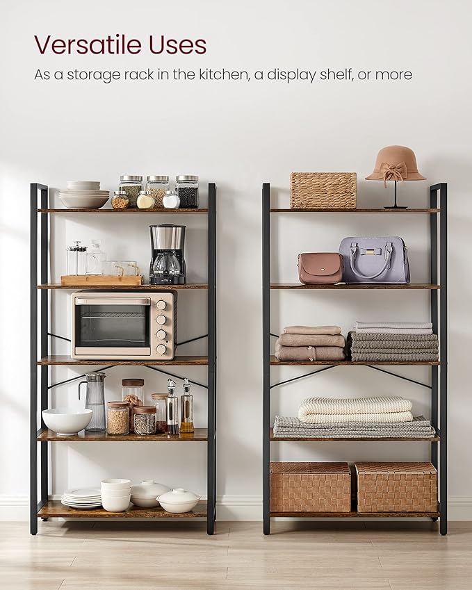 VASAGLE 5-Tier Bookshelf, Bookcase with Steel Frame, Book Shelf for Living Room, Home Office, Study, 11.8 x 26 x 60.2 Inches, Industrial Style, Rustic Brown and Ink Black ULLS061B01