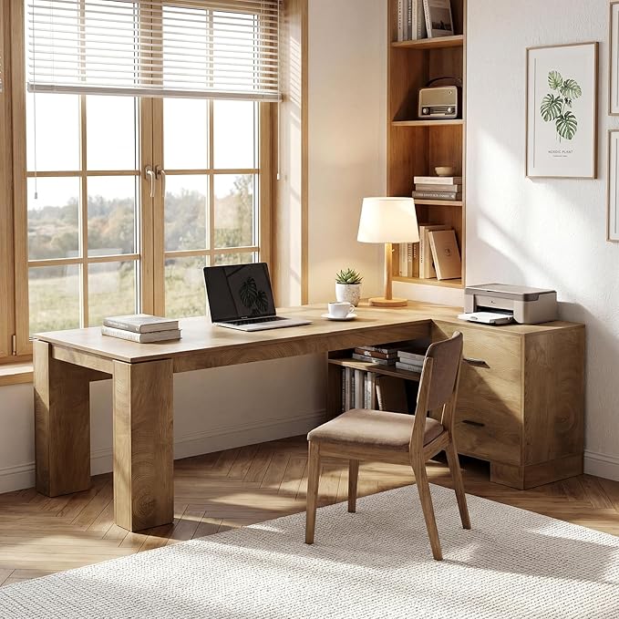 LITTLE TREE 78.7" L Shaped Office Desk with Drawers | Executive Computer Desk with Open Shelves Storage, Farmhouse Large Wooden L Desks Business Furniture, Brown