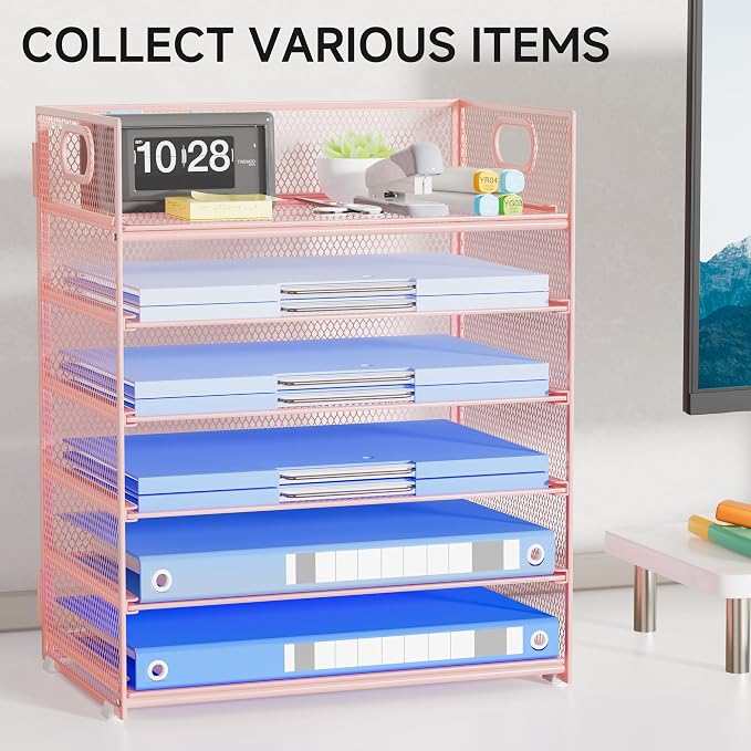 Pink Paper Organizer for Desk with Handle, 6-Tier | Metal Mesh File Organizer, Stackable Desktop Organizer for Office Supplies & Stationery Storage