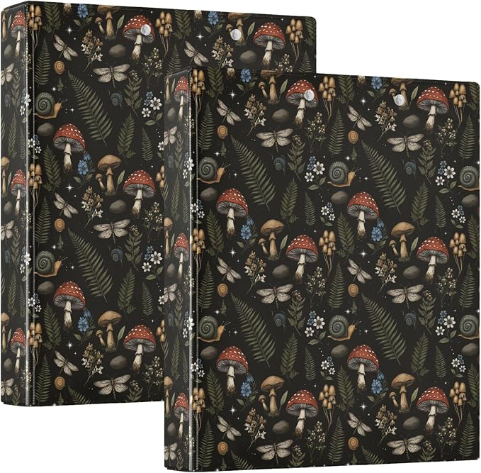 Mushroom Round Ring Binders 1.5 Inch Leaves Flower Berry Daisy 3 Ring Clipboard Binder for Office School Work Supplies File Folder Document 200 Sheet Capacity Easy Open 2 Pieces