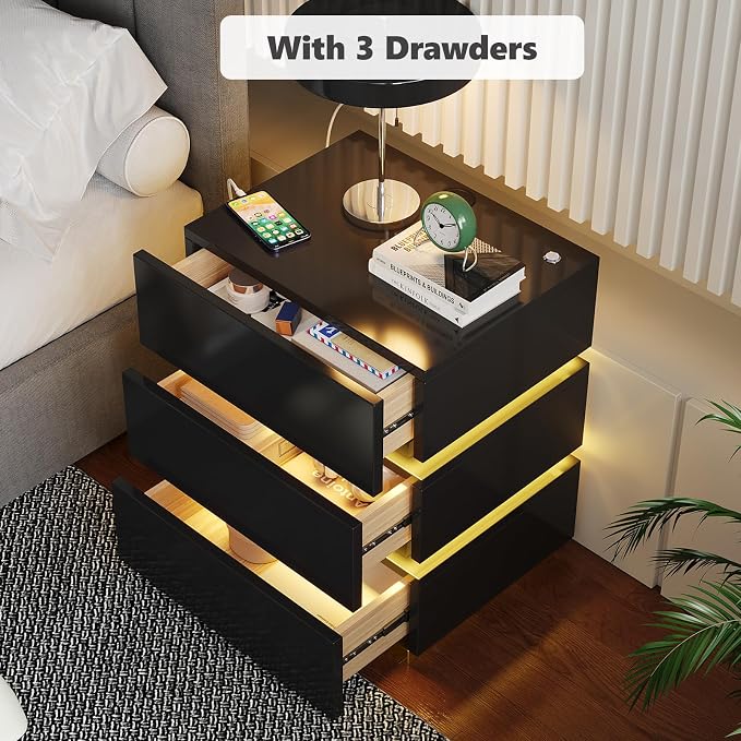 Nightstand with Charging Station, Night Stand with Drawers and LED Lights, Bedside Table, Modern End Table for Bedroom