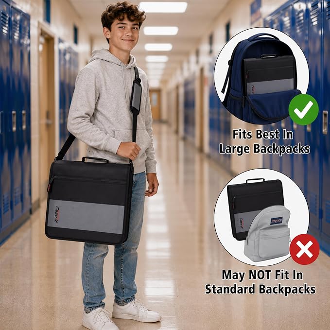Case-it School Zipper Binder | 2-Inch O-Rings | 350-Sheet | D-251 Jet Black | Classic, Multiple Storage Pockets, Shoulder Strap, School & Office Organizer, 6-Pack