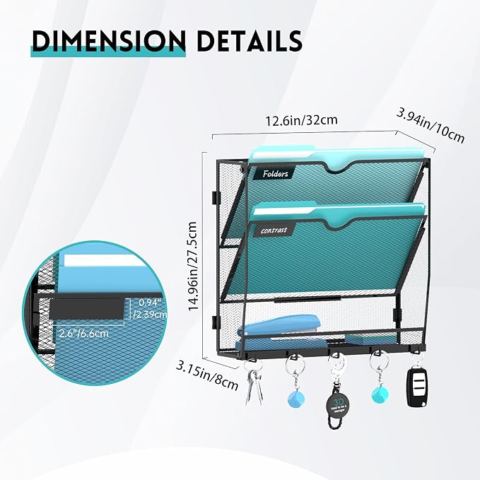 3-Tier Wall File Organizer and Mail Organizer with 5 Hooks, Black | Label slots, curved openings, 5 key hooks, and a bottom tray support organized mail, file, and everyday item storage.