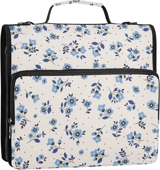 Fisyme Floral Blue Flowers Zipper Binder 3 Ring with Zipper and Shoulder Strap Large Capacity Multi-Pocket Zipper Binder Organizer