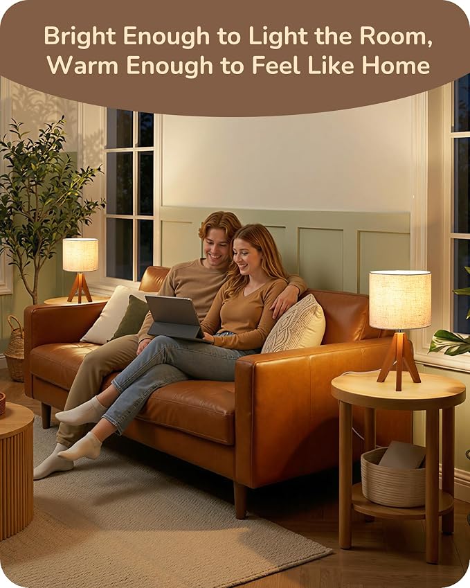 EDISHINE Tripod Table Lamp, Small Cute Bedside Lamp, 14.2 Inch, E26 Base | Light Brown Wooden Base, Linen Beige Lampshade, Nightstand Lamp for Nursery, Bedroom, Kid Room, Living Room