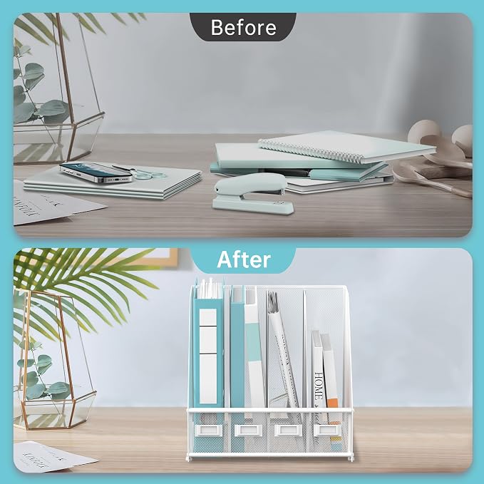 4-Compartment Magazine File Holder and File Organizer for Desk, White | Metal Magazine Holder and Magazine File Holder, 4-Compartment File Organizer for Binders Folders Magazines and Paper