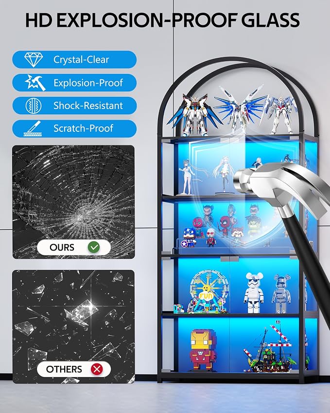 Display Arched Cabinet with Glass Doors, Curio Cabinet for Labubu Display 5-Tier Display Case with 7 Color RGB Lights for Collectibles, Display Cases for Book/Medal/Figure
