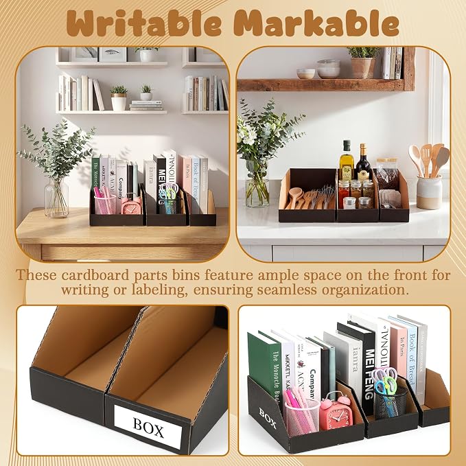 Novabright 33 Pack Cardboard Storage Bins Boxes, 3 Size Open Top Bin Box in 12"x8"x4.5"/ 12"x6"x4.5"/ 12"x4"x4.5", Corrugated Cardboard File Organizer for Warehouse, Parts, Shelf, Garage, Pantry, Shop