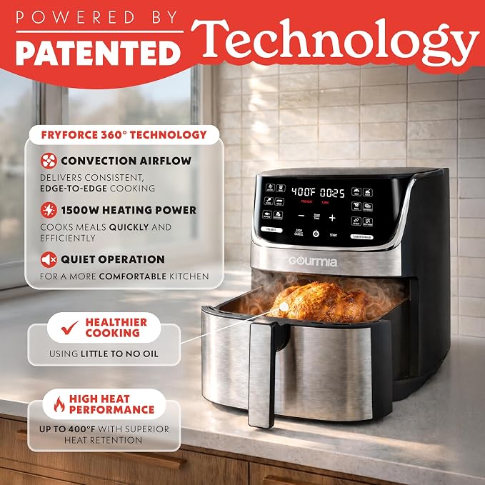 Gourmia Air Fryer - 7 Qt Capacity, LED Display, 12 One-Touch Presets, FryForce 360° Technology, Nonstick Dishwasher-Safe Basket & Crisper Tray, Stainless Steel