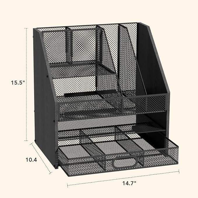 Wooden Desk Organizer - Mesh File Organizer with Drawers and Pen Holder - 4-Tier Vertical Paper Letter Storage Tray, Desktop Organizers and Accessories for Home Office (Black