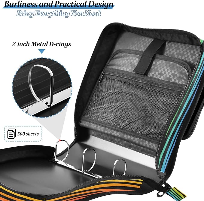 ALAZA Zipper Binder 3 Ring Colored Zebra Stripes Binder Organizer with Zipper and Shoulder Strap Large Capacity Multi-Pocket Trapper Keeper File Folder for Office Supplies