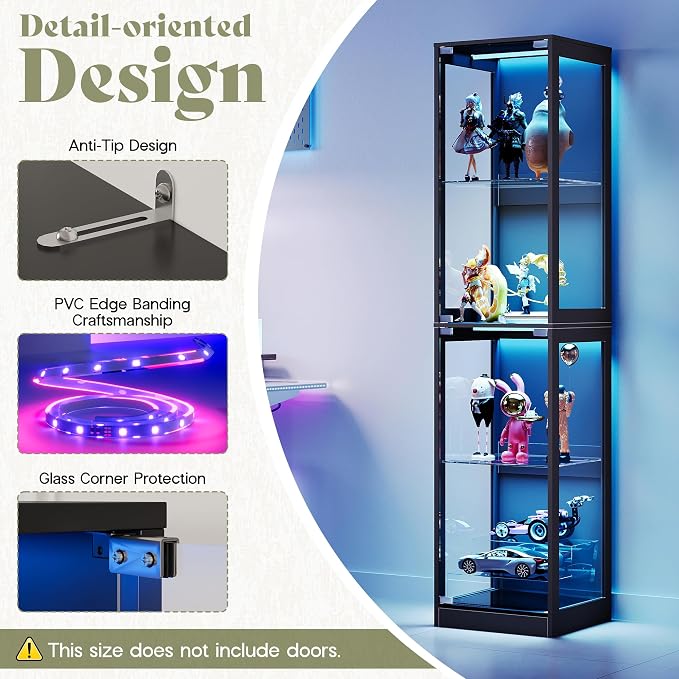 AMERLIFE 16-Inch RGB Display Cabinet | 70 H x 16 W x 16 D In, 4-Tier Storage, Adjustable Shelves, RGB LED Lights, for Collectibles, Black