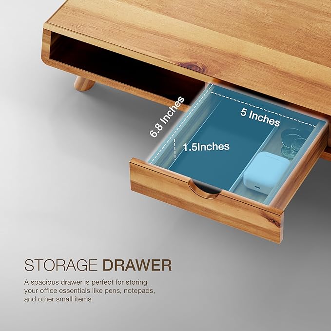 Tinamo Acacia Monitor Stand with Drawer, Multi-Purpose Storage (Patented) | Acacia Wood, Fits Monitors up to 32", Built-in Drawer, Hidden Storage, Non-slip, Round Edge, Ergonomic Height, Easy Assembly