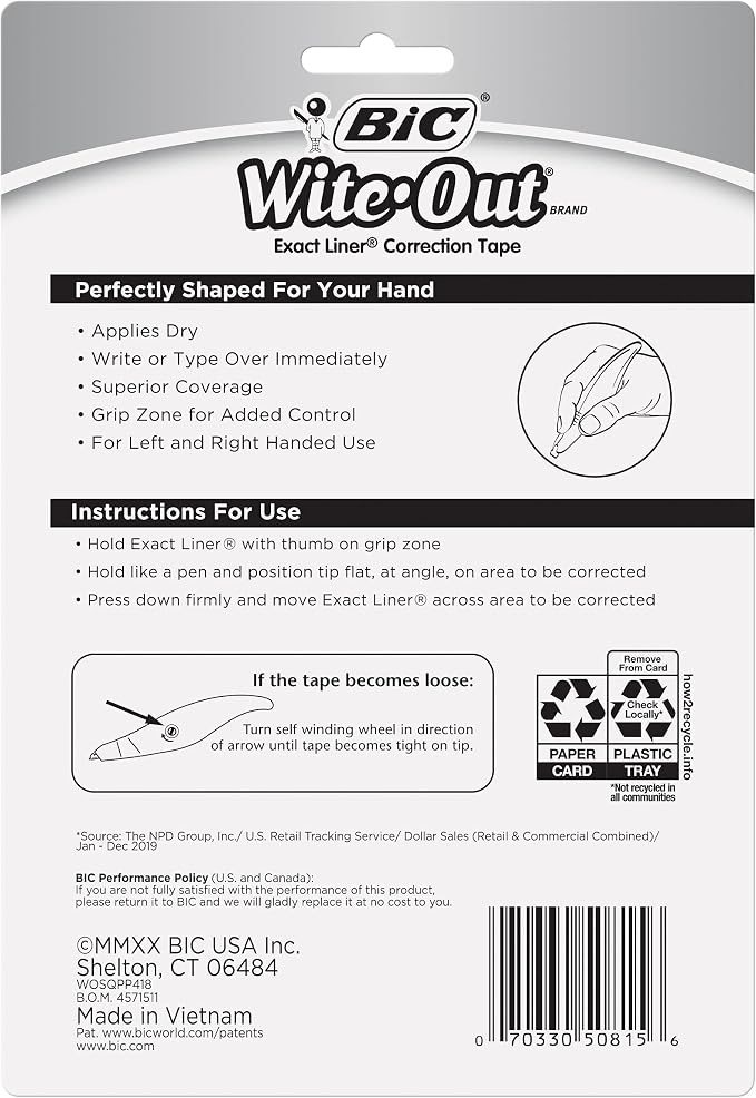 BIC Wite-Out Brand Exact Liner Correction Tape, 19.6 Feet, 4-Count