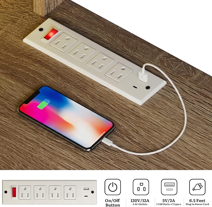 YITAHOME 59" Computer Desk, Oak | LED Lights & Power Outlets, Bookshelf, File Drawer & Storage Shelves, USB Ports
