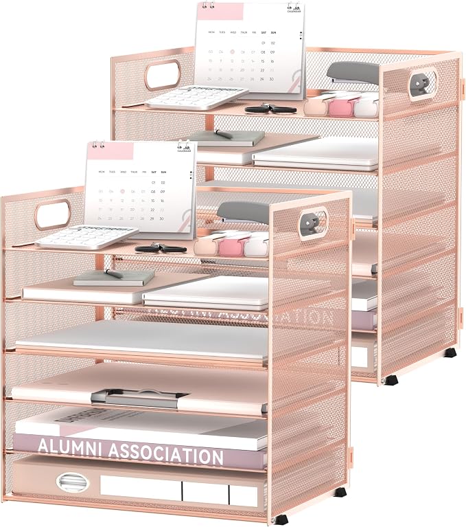 Daltack 6-Tier Paper Organizer for Desk with Handle, Rose Gold, 2 Pack | Sturdy Metal Mesh Organizer with Movable Middle Trays and a Carry Handle for Papers, Folders and Office Supplies
