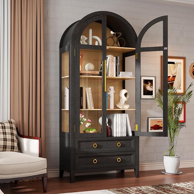 Arched Curio Cabinet with Glass Doors, 4-Tier Display Cabinet with 2 Drawers, Tall Bookcase with 3 Color Lights, Display Case, Kitchen Pantry, Black+Wood