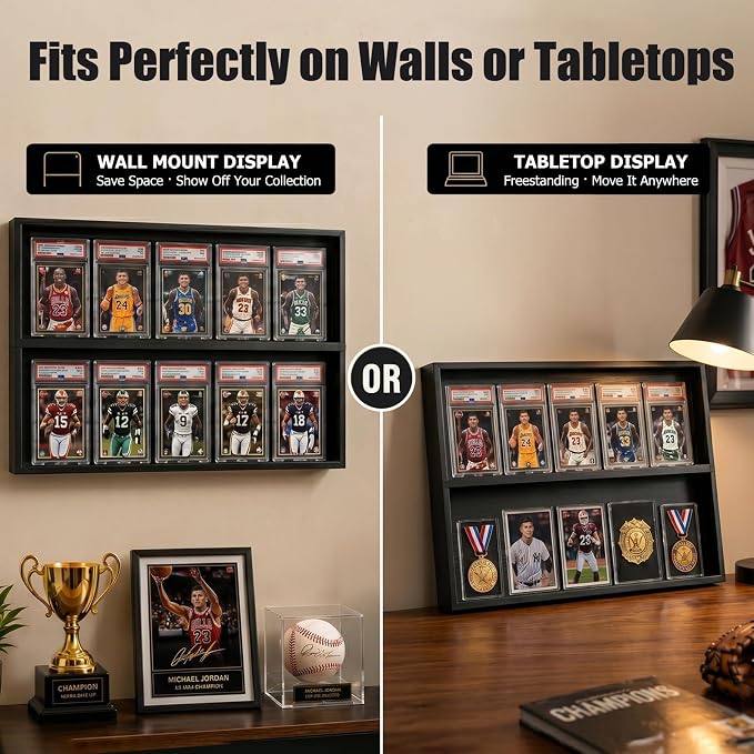 4 Pack Wooden Card Display Case Holds 32-40 PSA BGS SGC Graded Sports Card | Easy Assembly， Wall Mounted or Desktop Card Display，Trading Cards，Baseball Cards, Basketball Cards，Football Cards，Top Loaders
