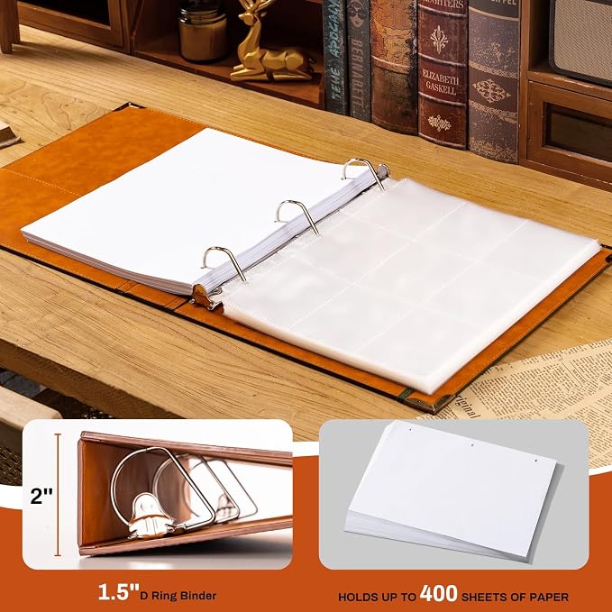 Ovesmusl 2 Pack PU Leather D Ring Binder, 1.5 Inch Green Tree | Fits 8.5x11 letter paper, holds 400 sheets, inner pockets, loose leaf organizer