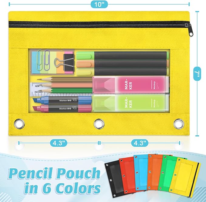 36 Pack Pencil Pouch for 3 Ring Binder in 6 Assorted Colors | Binder Pencil Pouch, Pencils Pouches for Binders with Smooth Zipper for School , Office Supplies
