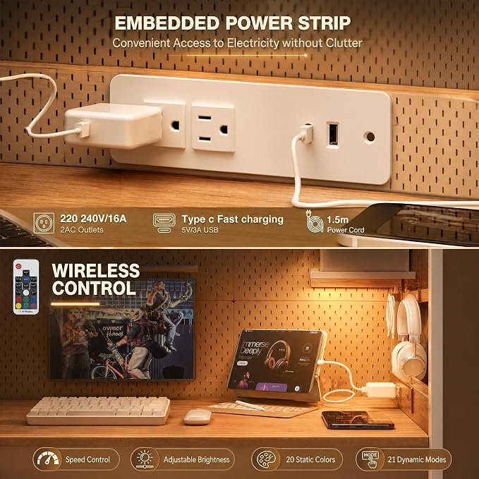 Grandder Computer Desk 40 Inch with Power Outlet and LED Light Oak | Gaming Desk with Reversible Shelves and Storage Drawer, Pc Small Desk for Home Office Table with Bag