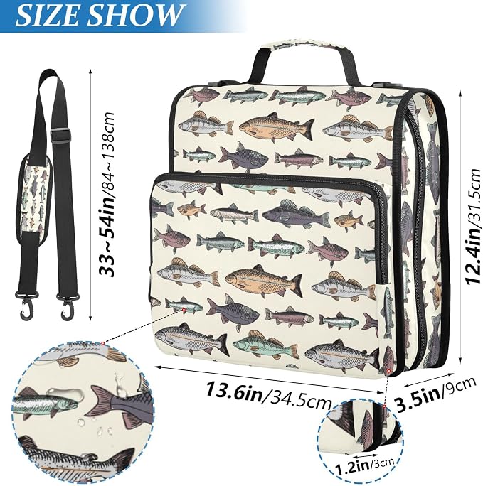 Fisyme Vintage Fish Zipper Binder 3 Ring with Zipper and Shoulder Strap Large Capacity Multi-Pocket Zipper Binder Organizer