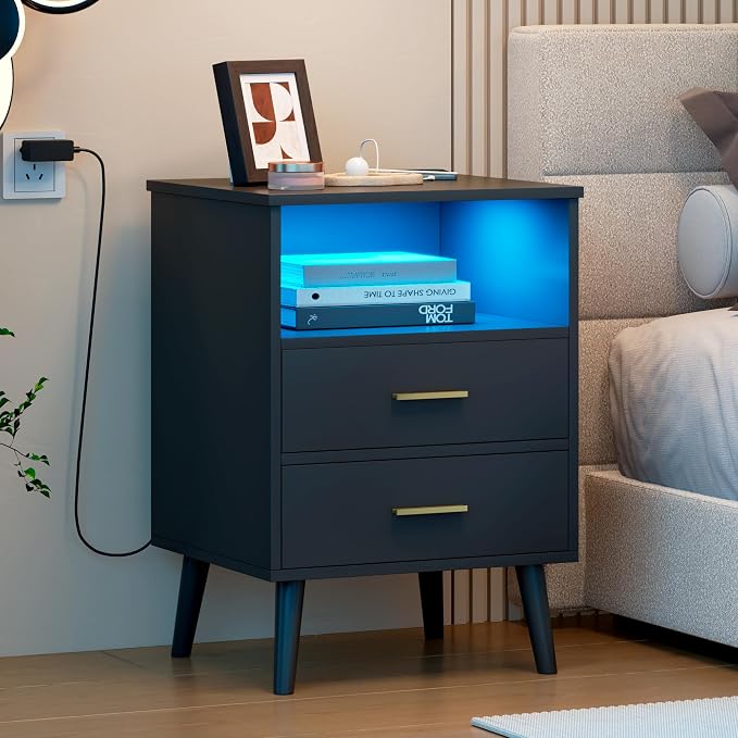 Black Bedroom Nightstand with Charging Station and LED Lights, Modern Bedside Table with Hidded Drawer, Smart Night Stand with Open Storage Shelf, USB Port, Metal Legs
