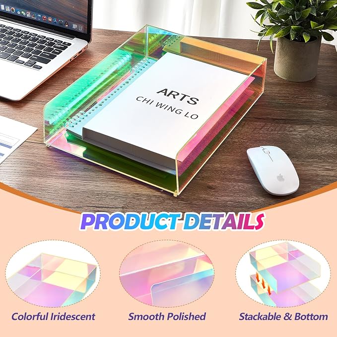 Suzile 3 Pcs Iridescent Acrylic Letter Organizer 12.6 x 9.5 x 2.8 Inches Stackable Iridescent Letter Tray Paper Tray for Desk File Document Folder Notebooks Stationery Office Accessories(Vertical)