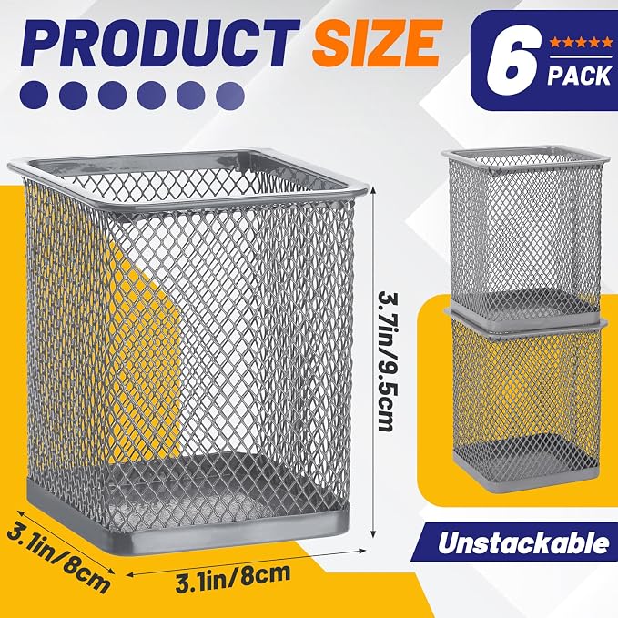 Segarty Pen Cup Holder, 6 Pack Square Silver Pen Holder for Desk, Multifuntional Mesh Pencil Cups Containers for Marker, Office Supplies, School Students, Home Desktop, Brush Organizer