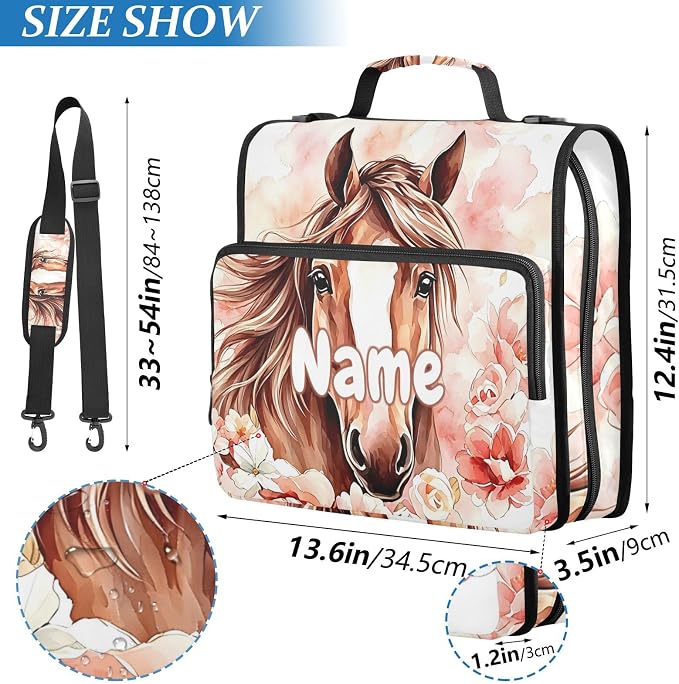 Custom Brown Horse Watercolor Flower 3 Ring Binder Bag 1.5 inch Personalized Name Binder Organizer 500 Sheet Documents Storage for School Office