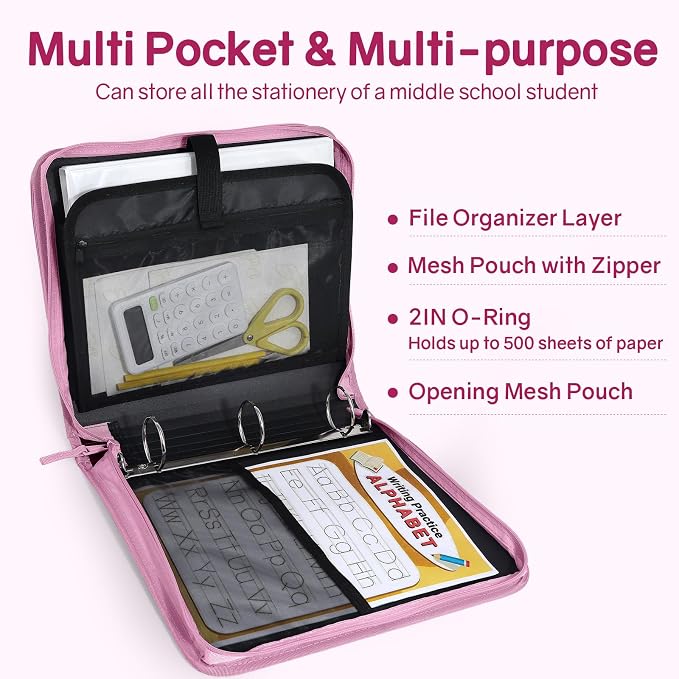 SUNEE Zippered Binder Bag with Handle, 2-Inch 3-Ring O-Ring, 500-Sheet Capacity, Includes Zip Pocket, 5-Tab Expanding File Folder, Multi-Pocket Organizer Binder for Middle School, Grape Purple