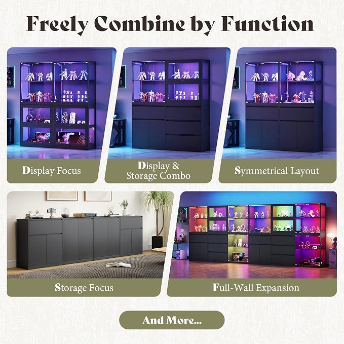 AMERLIFE RGB Display Cabinet, 32 x 16 x 36 Inch | 2-Tier Storage Case with LED Lights and 2 Glass Flip-Up Doors, Black