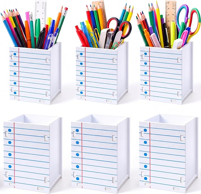 Crtiin 6 Pcs Notebook Shaped Pencil Holder for Back to School Decor | Classroom Office Desktop Decor, Wooden Dispenser Stationery Storage Container for First Day of School, Teacher Students Gifts
