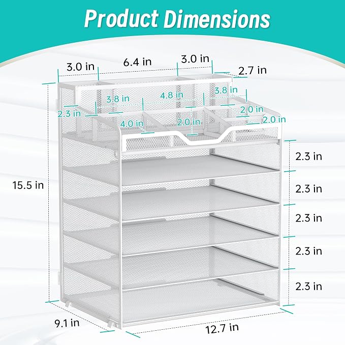 6 Tier Mesh Paper Desk Organizer with Pen Holders, White | Features 3 pen holders, and 5 adjustable compartments for office school home desk storage