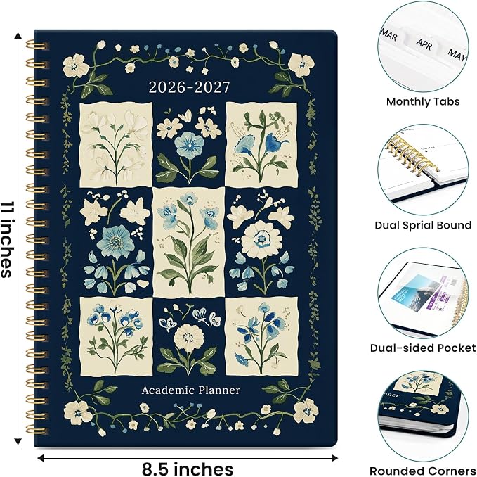 Planner 2026-2027, Academic Year Monthly & Weekly Planner Caledndar, July 2026 - June 2027, Hardcover Large Planning Agenda Book with Tabs for School Office Supplies, 8.5" x 11" - Blue Patchwork