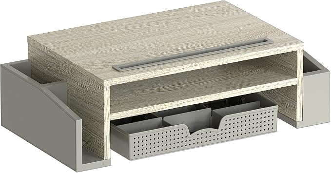 Simple Houseware Desk Monitor Stand Riser w/ Adjustable Tray, Maple | Built-In Tablet Slot and Side Storage