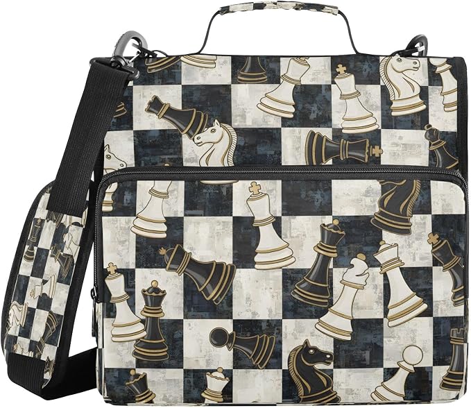 ALAZA Zipper Binder 3 Ring Chess Pieces Black White Checkerboard Binder Organizer with Zipper and Shoulder Strap Large Capacity Multi-Pocket Trapper Keeper File Folder for Office Supplies