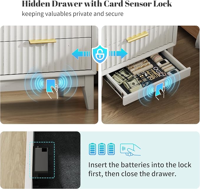 LED Nightstand Set of 2, RFID Lock, Charging Station, White | Bedside Table with Hidden Drawer, 2 Drawers, Open Cubby, Motion Sensor, USB and Type-C Ports, Night Stand for Bedroom