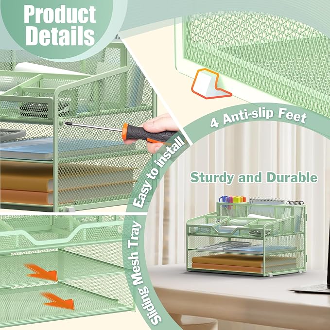 Docnest 3 Tier Mesh Desk Organizer with Letter Tray & Paper Sorter, Green | Features 3 built-in pen holders & 5 adjustable compartments on top. Includes 4 non-slip rubber feet for desk protection