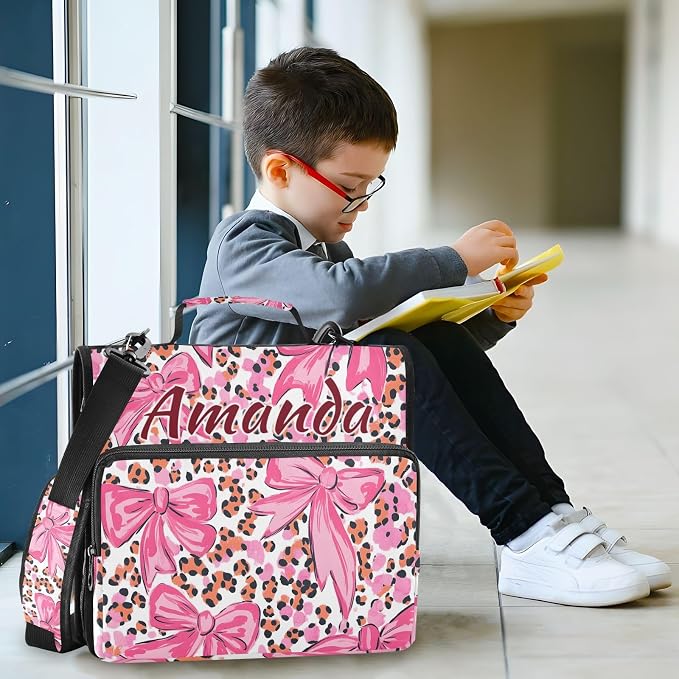 Custom 3 Ring Zipper Binder Pink Bow Leopard Print Personalized Name 1.5 inch Binders Large Capacity Multi Pockets for School Office Supplies