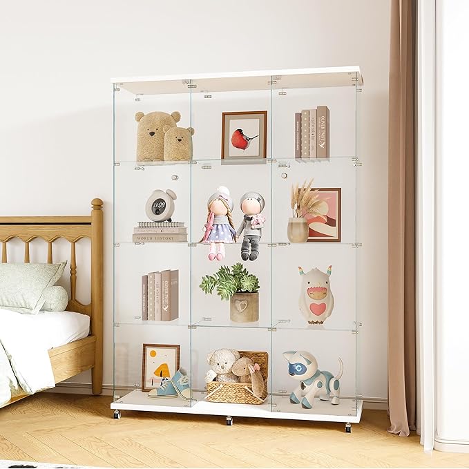 FLYMUHJIA Curio Cabinets with Glass Doors Modern Glass Shelves Tempered Glass Display Cabinet with Lock Figure Display Case (4-Shelf 3-Door, White)