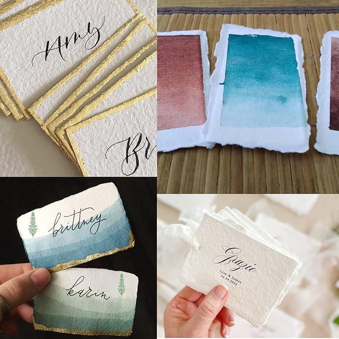 Handmade Cotton Paper with Deckle Edge Recycled Cotton Rag Mixed Media Stock for Place, Escort, Vow, and Business Cards (150gsm, 2x3 inch A8, 50 Pack)