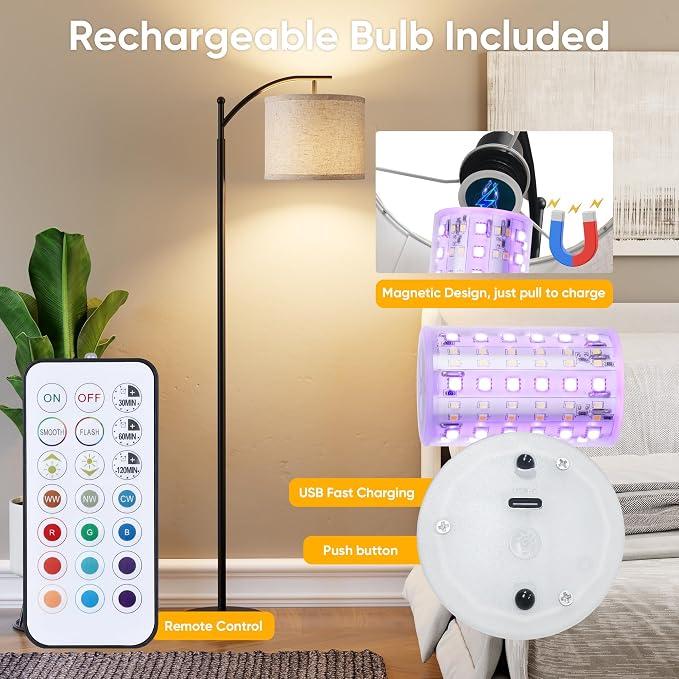 Battery Operated Floor Lamp, RGB Dimmable Cordless Standing Lamp with Remote Control for Living Room, Tall Floor Lamp for Bedroom -Black