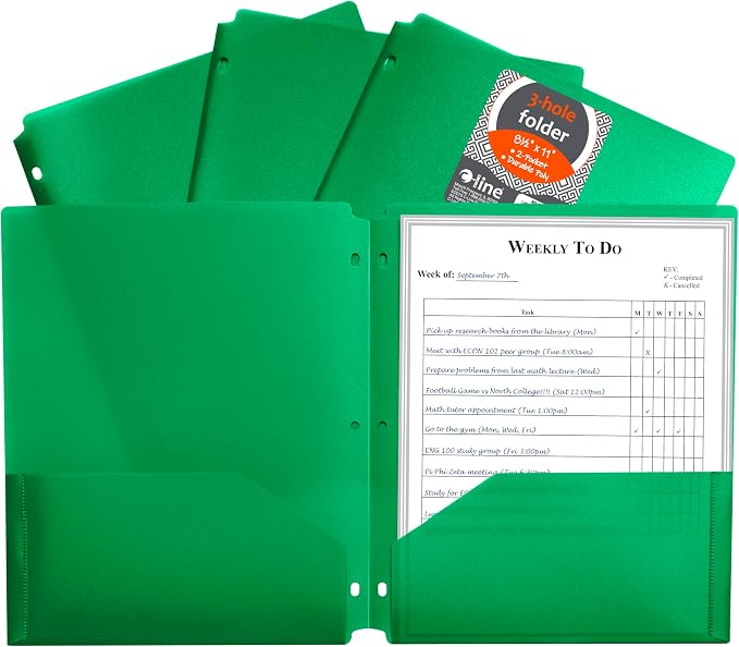 C-Line Two-Pocket Heavyweight Poly Portfolio Folder with Three-Hole Punch, Box of 25, Green (33933-25)