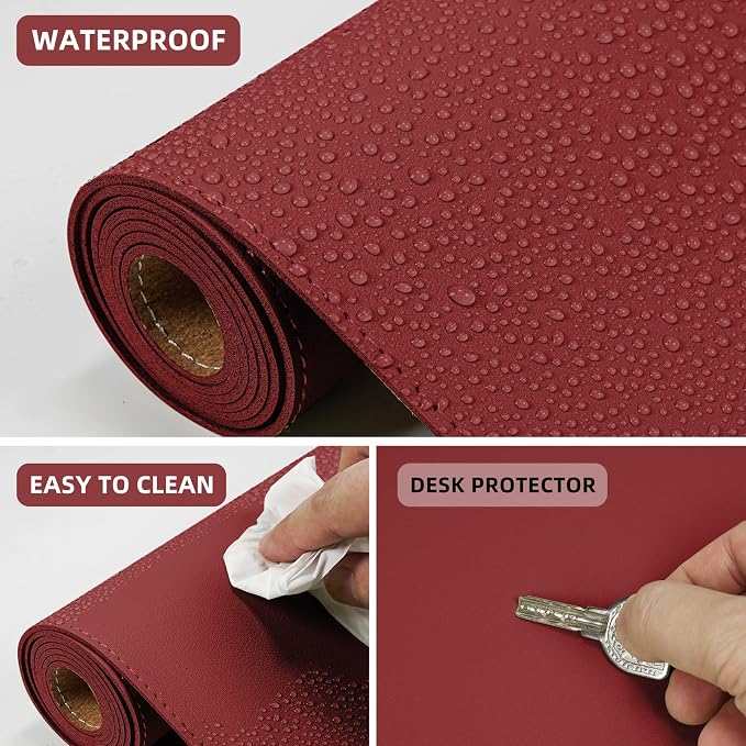 AFIING Leahter Desk Pad 47" x 17", Red,Desk Cover mat | Natural Cork & PU Leather, Mouse Pad, Non-Slip, Waterproof, For Office and Home