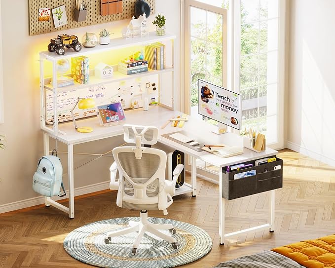 AODK L Shaped Desk Gaming Desk with LED Light & Power Outlet | 53 Inch White Reversible L Shaped Computer Table with Shelf, Corner Desk with Storage Bag&Hook for Home Office Desk