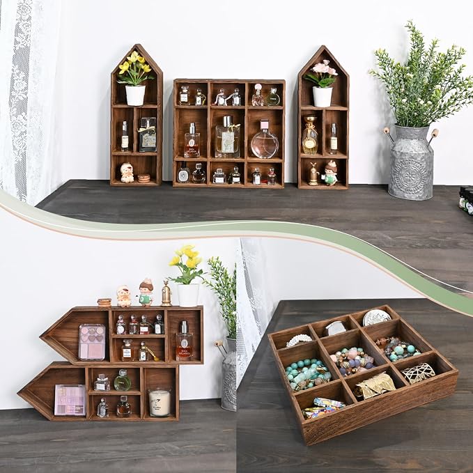 Ikee Design 3-Pc Wooden Shadow Box Shelf for Collectibles | 17 compartments Wooden Shadow Cubby Box Display Shelf Organizer Storage Shadow Box for Collectibles, Figures, Black