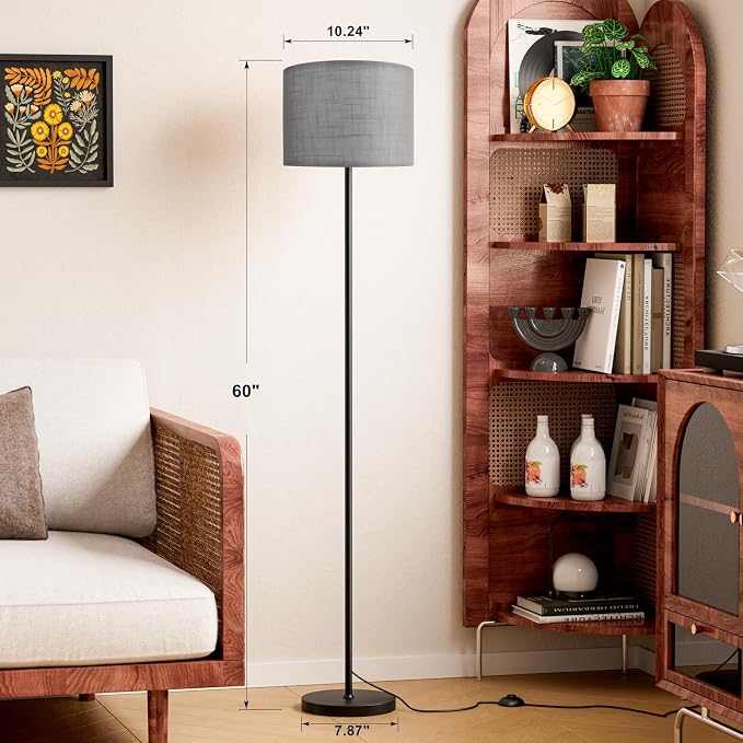 60'' Modern Floor Lamp with Shade, Tall Lamps for Living Room, Bedroom, Office, Dining Room, Linen Grey Shade with Black Pole(Without Bulb)