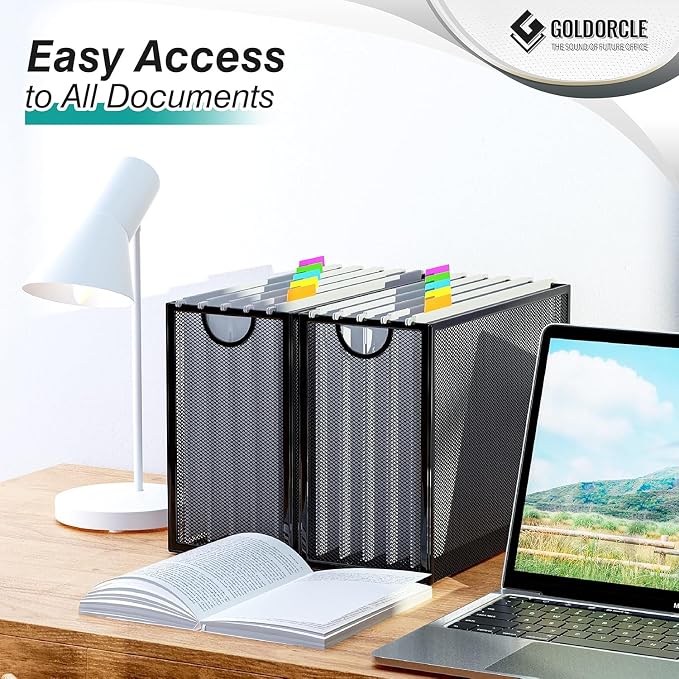 Letter-Size Hanging File Organizer with 5 Grey Holders(Gold) | File Holder Filing Box for Desk, Metal Mesh Desk File Folder Storage for Office(No Assembly Required)