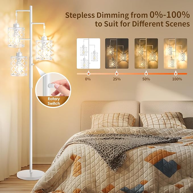 Dimmable Floor Lamp, Farmhouse Standing Lamp with Elegant Metal Cage, Industrial Tall Tree Floor Lamps for Living Room Bedroom Study Room Office, 3 x 800LM LED Bulbs Included - 72", White